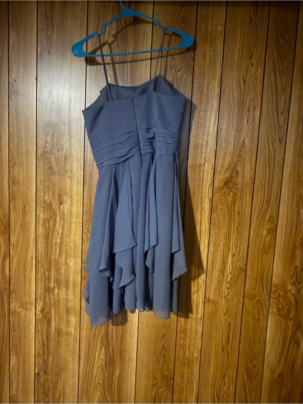 David's Bridal Slate Blue Chiffon Spaghetti Strap Mini Dress